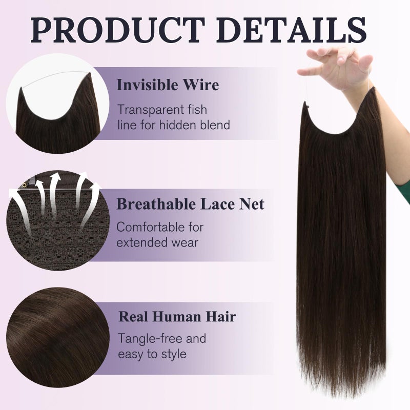 Fshine Invisible Wire Hair Extensions 16 Inch Dark Brown Wire Human Hair Extensions Layered Hairpiece with Adjustable Fish Line Clip in One Piece Straight Hair 86 G - Image 2